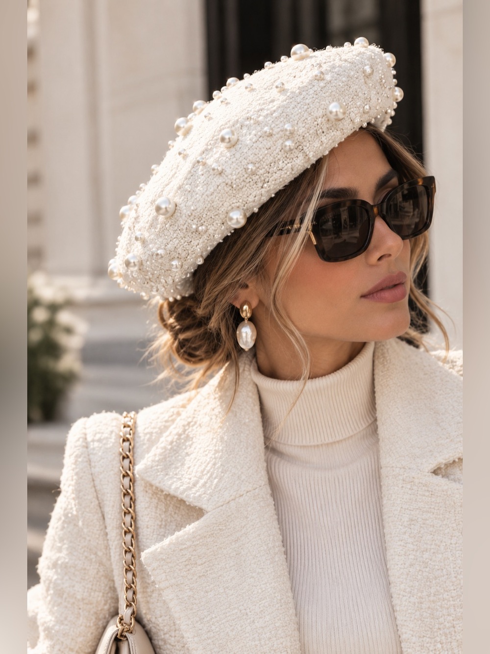 Lele Sadoughi Bridget Pearl Boucle Pill Box Beret Hat - Ivory Winter White